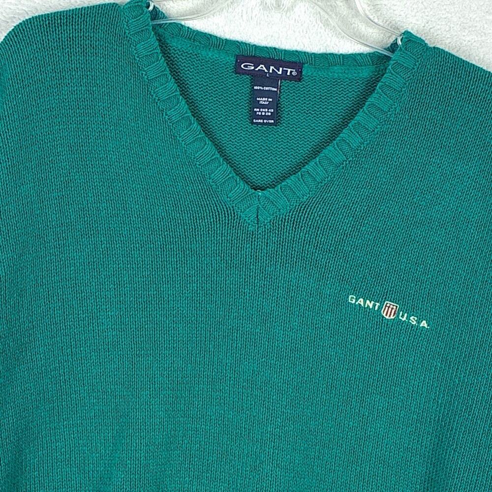 VTG Gant Sweater Mens L Green V-Neck Preppy Embroidered Logo Golf Tennis Italy